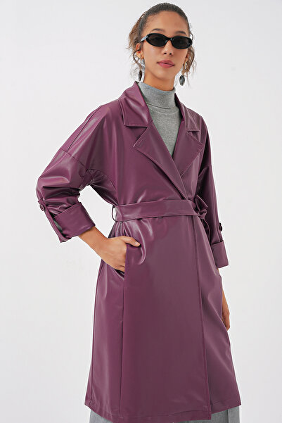 Bigdart 1034 Kuşaklı Suni Deri Trençkot - Mürdüm