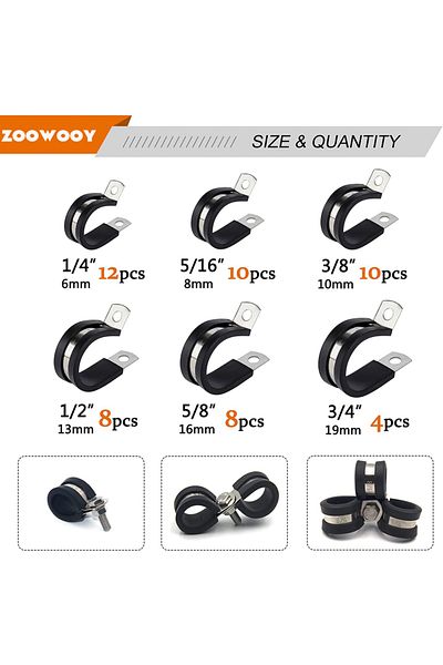 Choice 52pcs Cable Clamps Assortment Kit, 304 Stainless Steel Rubber Cushion Pipe Clamps In 6 Sizes 1/4"...