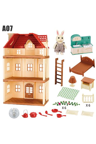 MSFTOYS A07 Simulation Kitchen Forest Family Small House Double Three- Story Villa Reindeer Animal Model Gi