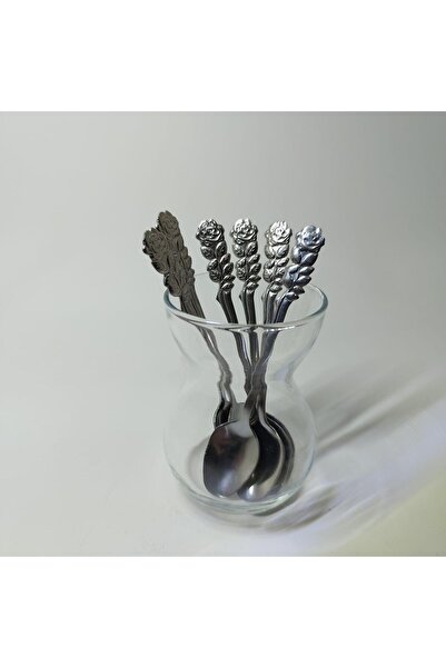 RAMDET 6 Pieces Stainless Lux Teaspoon with Rose Handle - 11 Cm Decorative Tea Set