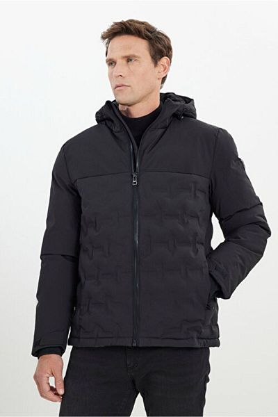 ALTINYILDIZ CLASSICS Standard Fit Normal Cut Hood Collar Quilted Patterned Black Coat with Thermometer