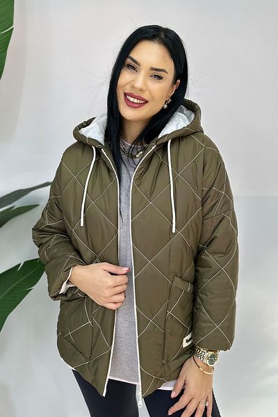 GÖKSEL Khaki Plus Size Quilted Coat - Checkered Design