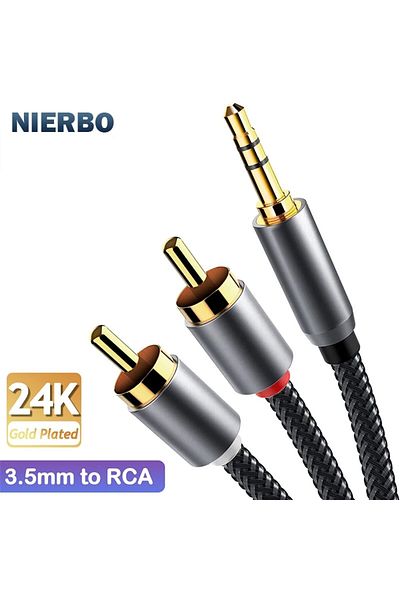 NIERBO كابل صوت RCA بطول 2 متر و6.6 قدم من 3.5 ملم إلى كابل صوت RCA مطلي بالذهب عيار 24 قيراطًا من ذكر إلى ذكر سلك AUX ستيريو Y