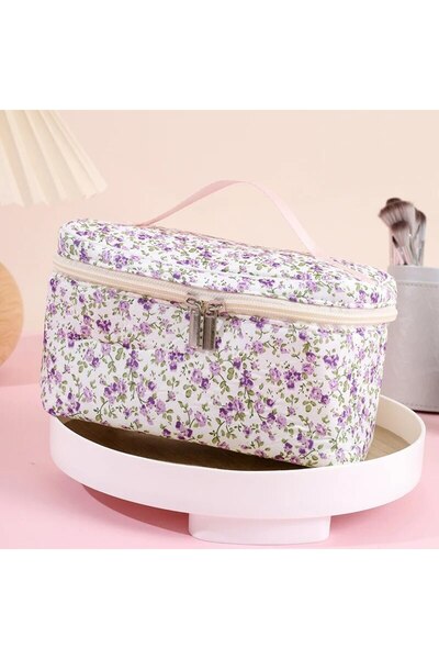 Choice حقيبة مستحضرات تجميل من القطن بسعة كبيرة بنمط زهور وسحاب مزدوج لتنظيم ...