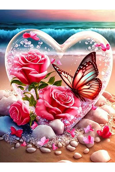 Choice Full Round 30x40cm Xe7-0023 Butterfly Diamond Mosaic Rose Full Round Diamond Painting Seaside Heart