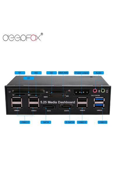 DeepFox قارئ بطاقات لوحة معلومات الوسائط متعدد الوظائف باللون الأحمر مقاس 5.25 بوصة بمنفذ USB 2.0 ومنفذ USB 3.0 بمنفذ E-sata 20 Pin