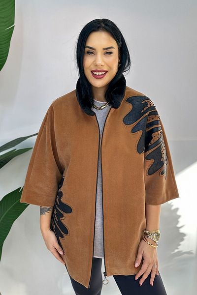 GÖKSEL Plus Size Embroidered Velvet Coat - Beige Black
