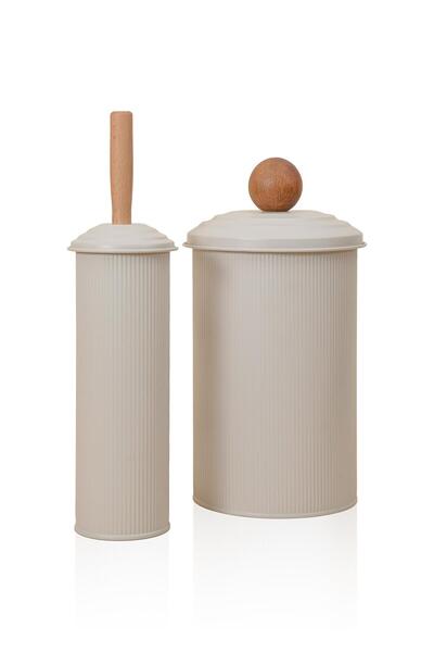 The Mia Stripe Çöp Kovası & Tuvalet Fırçası Banyo Seti Bej