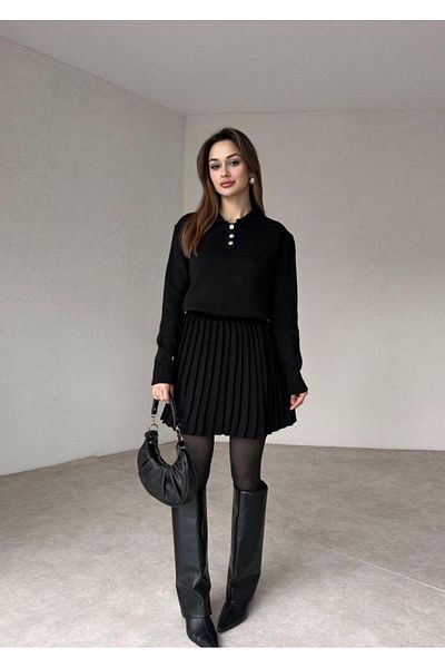 Cistern İstanbul Women's Black Polo Neck Sweater Pleated Skirt Bottom Top Set