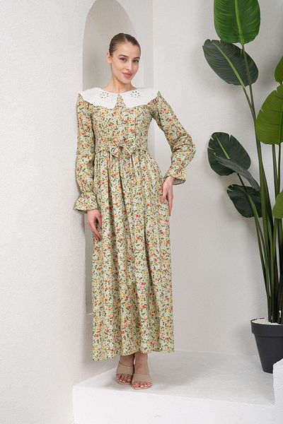 KÜÇÜĞÜM BUTİK Hijab Vintage Scallop Collar Green Floor Colored Floral Dress