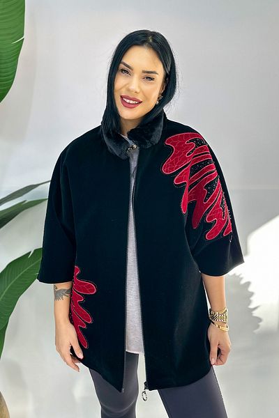 GÖKSEL Large Size Velvet Coat with Embroidery Detail - Black Red
