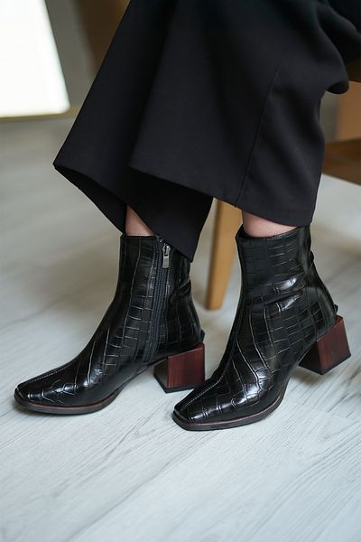 Marjin Women's Heeled Boots&bootie Blunt Toe Wooden Pattern Heel Zippered Daily Classic Boots Sayen Black Croco