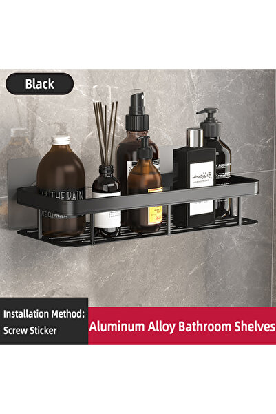 Choice رف حمام مستطيل الشكل للتعليق على الحائط من قطعة واحدة باللون الأسود، ر...