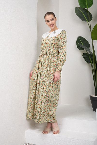 KÜÇÜĞÜM BUTİK Hijab Vintage Scallop Collar Green Floor Colored Floral Dress
