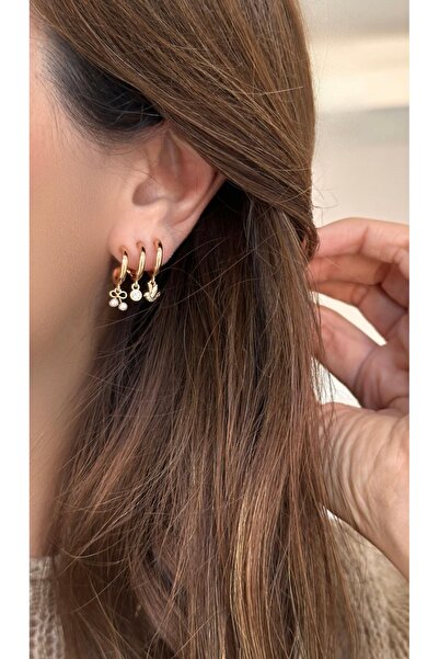 SU PERİSİ TAKI BİJUTERİ Vip Seri Gold Kiraz ve Kuş Detaylı Çoklu Görünümlü Küpe