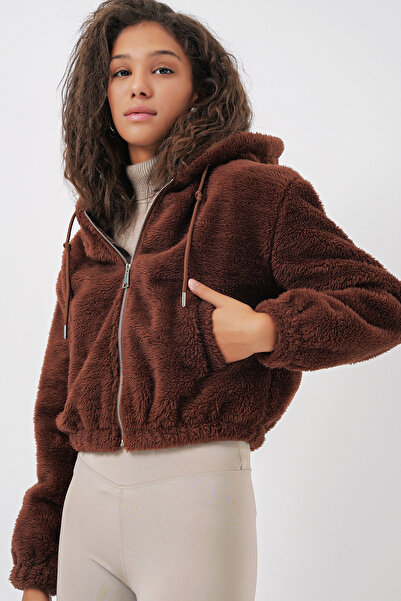 Bigdart 5193 Kapüşonlu Peluş Crop Ceket - Kahverengi