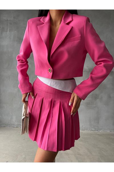 LB Laluna Butik Women's Pink Blazer Set with Jacket and Skirt Detail