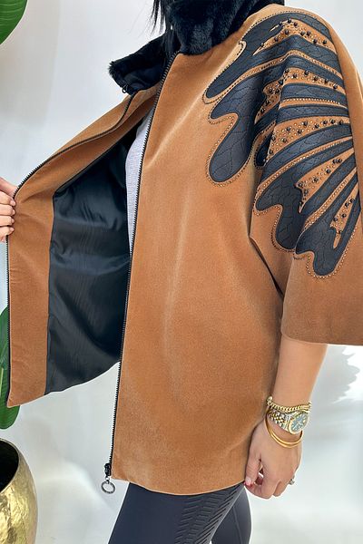 GÖKSEL Plus Size Embroidered Velvet Coat - Beige Black