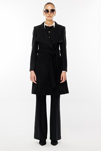 Moda İlgi Modailgi  Kruvaze Kapamalı Yandan Kuşaklı Devrik Yaka Kaban Siyah