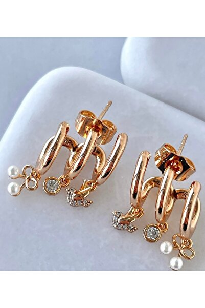 SU PERİSİ TAKI BİJUTERİ Vip Seri Gold Kiraz ve Kuş Detaylı Çoklu Görünümlü Küpe