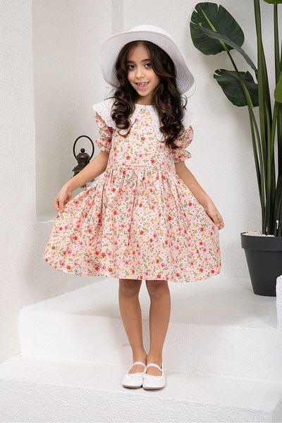 KÜÇÜĞÜM BUTİK Vintage Scallop Collar Powder Floor Colored Floral Girl's Dress
