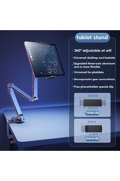 Choice حامل الكمبيوتر اللوحي حامل سطح المكتب قابل للدوران 360 درجة مصنوع من سبائك الألومنيوم قابل للطي مع مشبك مغناطيسي للتثبيت في المكتب