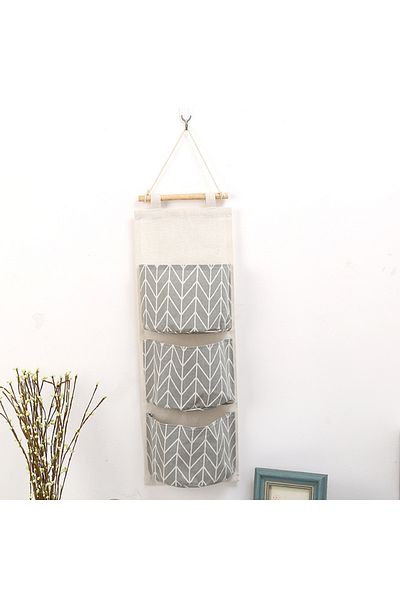 Choice 3 Grey 1pc Three Pockets Hanging Wall Storage Bag Household Bedroom Living Room Kitchen Cotton Linen