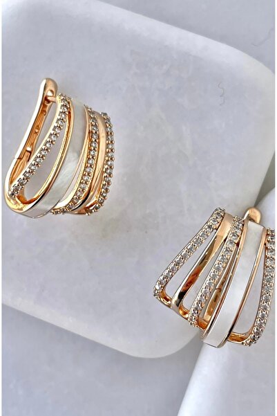 SU PERİSİ TAKI BİJUTERİ Vip Seri Gold Sedef ve Zirkon Detaylı Çoklu Görünümlü Küpe
