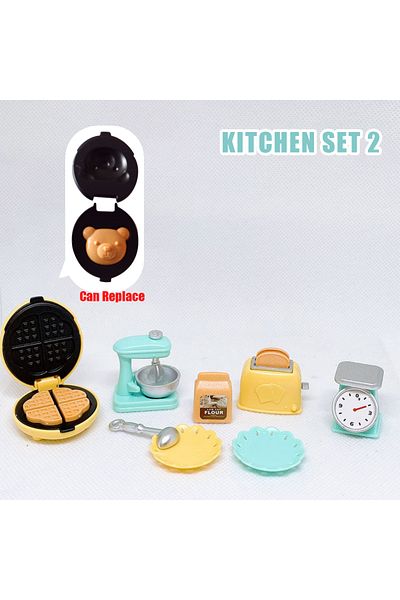 MSFTOYS Kitchen Set 2 Diy Dollhouse Bear Biscuits 1/12 Miniature Furniture Toaster Oven Mixer Electronic Sca