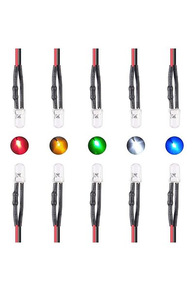 Choice 50 قطعة من 5 ألوان متنوعة 50/150 قطعة من مصابيح الصمام الثنائي LED 12 فولت 5 مم 7.9 بوصة سلكية مسبقًا 5 ألوان × 10/30 قطعة متنوعة