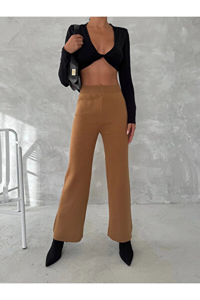 nacar çarşı Γυναικείο άνετο πλεκτό παντελόνι με φαρδιά μπατζάκια και ελαστική...