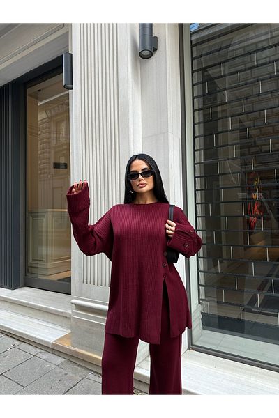 Friday Mood Women's Three-Button Slit Detailed Sweater & Pants Knitwear Set