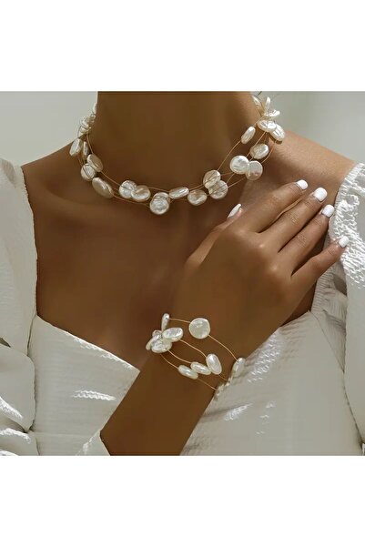 Minnoş Dükkan Modern Şık İnci Kolye ve Bileklik Takı Seti
