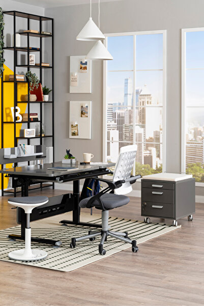 Creo Mobili Vega Delüx Yükseklik Ayarlı Genç Ofis Çalışma Masası + Çalışma Sandalyesi + Keson - Antrasit/Gri