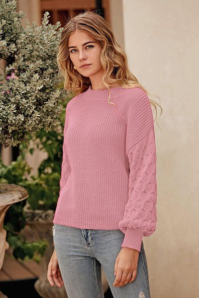 citystyle Women's Crew Neck Thessaloniki Knit Sleeve Motif Loose Sleeve Powder Knitwear Sweater