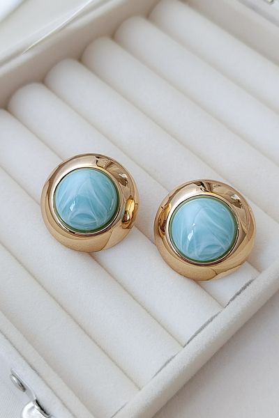 COSİTA Blue Marble Detailed Modern Design Earrings with Gold Frame