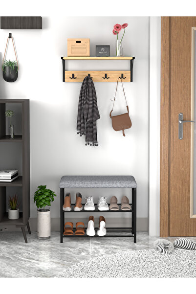 moniev 2'li Set Oturaklı Metal Ayakkabılık + Portmanto Duvara Monte Elbise askısı