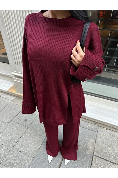 Friday Mood Women's Three-Button Slit Detailed Sweater & Pants Knitwear Set