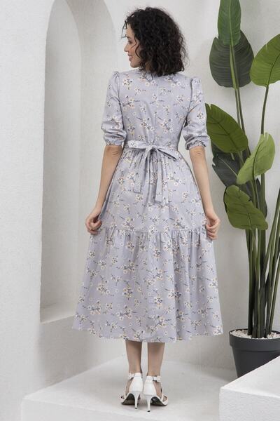 KÜÇÜĞÜM BUTİK Gray Color V-Neck Midi Length Spring Branch Poplin Dress