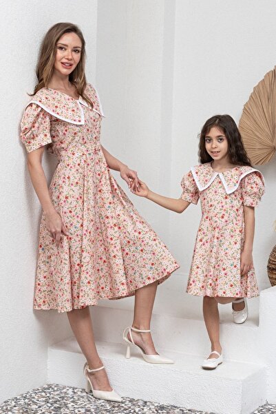 KÜÇÜĞÜM BUTİK Vintage Pembe Çiçekli Yakalı Poplin Midi Boy Elbise Kombini (TEKLİ SATILMAKTADIR)