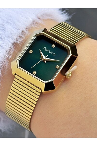 Ferrucci Çelik Kordon Köşeli Kadran Altın Renk Kadın Kol Saati