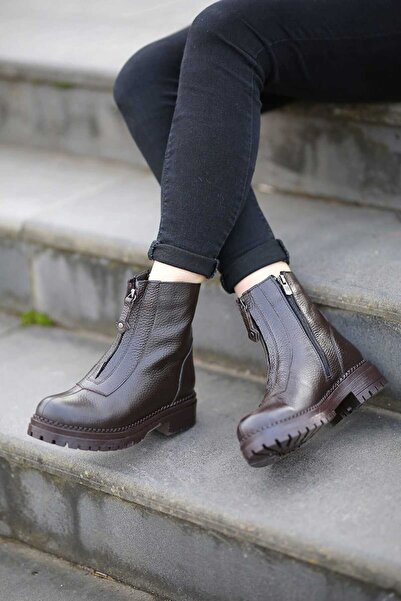 EREN SHOES BAG (ΒΑΚΟΥ) Γνήσιο δέρμα καφέ μπότες από καουτσούκ με λεπτομέρεια με φερμουάρ μπροστά και ορθοπεδική σόλα