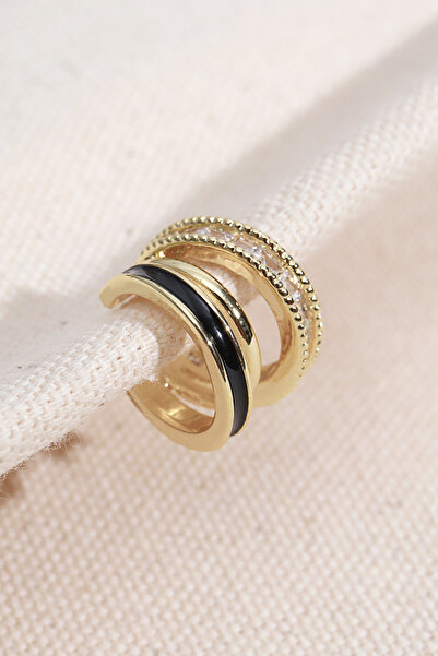 Süspüs Accessories Siyah Mineli Gold Renk Kare Taşlı Kıkırdak Küpe