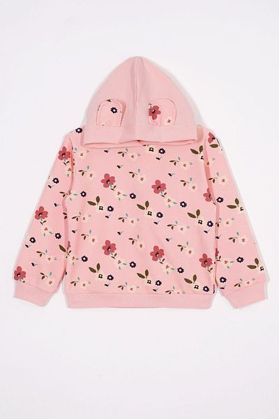 zepkids Flower Patterned Hooded Ear Detailed Pink Color Girl's Tracksuit Set