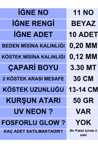 ea genset Çapari İstavrit Çaparisi 20x12 Beden İnce50gr Uv Neon Açık Yeşil Sim 11 No Beyaz 10 İğneli 2li Paket