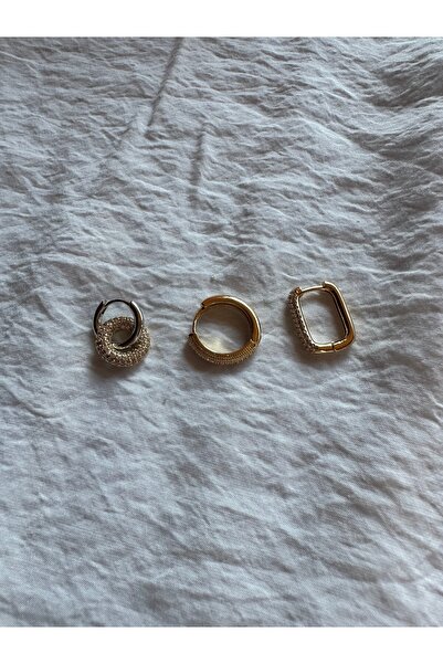 shesra Gold Silver Kaplama Zirkon Taş Detaylı Çelik Üçlü Küpe