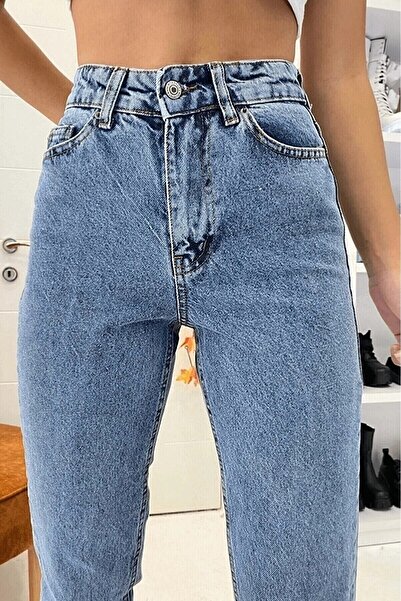 MAKRAS EXCLUSIVE A126662 Medium Blue High Waist Mom Jean Denim Pants Buy Large Size Jeans Slim Fit