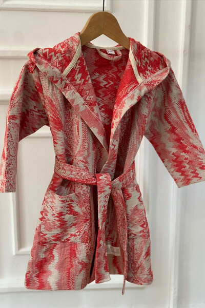 Stella Belli Cotton Hooded Peshtemal Bathrobe | Boxed | Red-Beige
