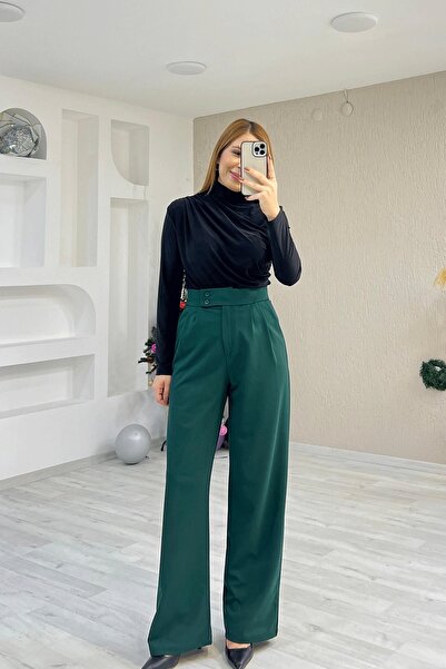İrka Moda Çift Düğmeli Palazzo Zümrüt Pantolon