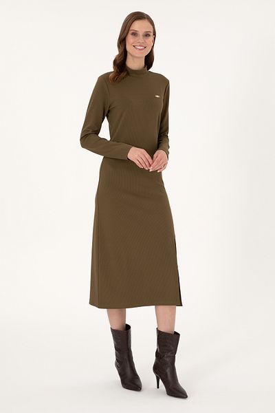 U.S. Polo Assn. Women's Khaki Slit Stand Collar Knitted Dress 50297367 -Vr027